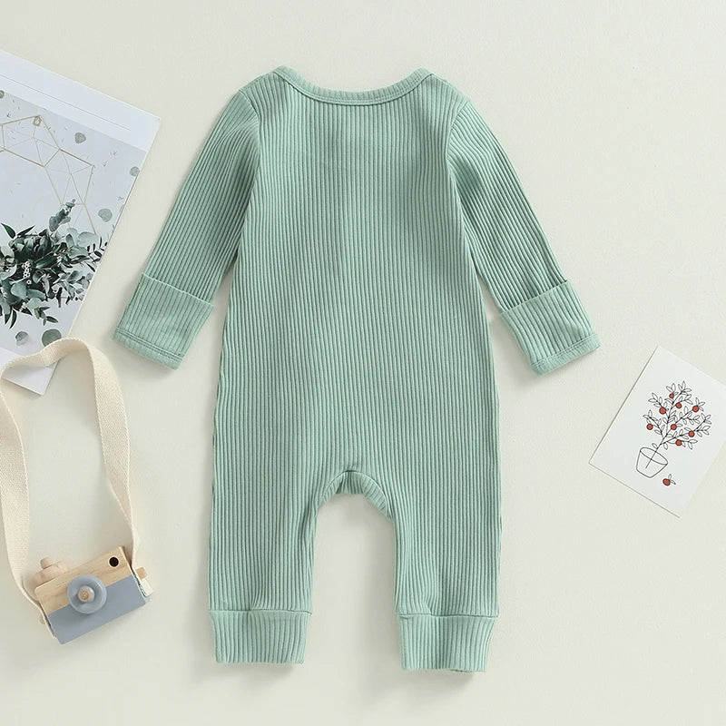 Newborn Baby Autumn Rompers Clothes for Boys Girls Solid Ribbed Zipper Long Sleeve O-neck Rompers Jumpsuits Overalls Long Pants