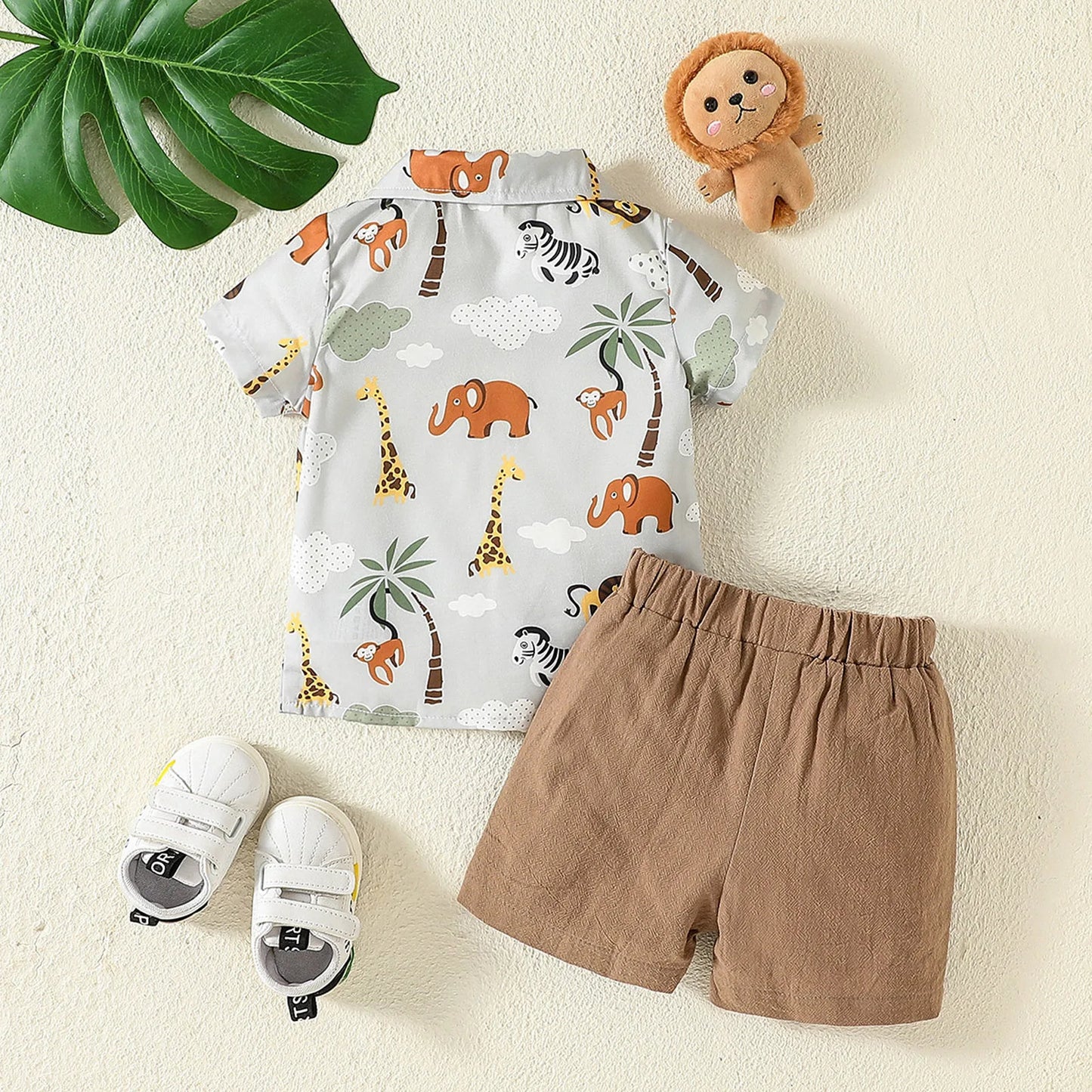 Baby Boys Gentlemen Clothes Suit Short Sleeve Lapel Collar Animal Print Shirt Solid Color Elastic Pants Summer Casual Outfits