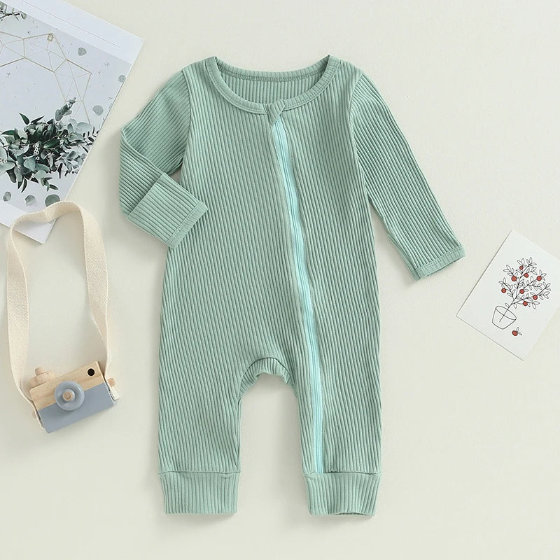 Newborn Baby Autumn Rompers Clothes for Boys Girls Solid Ribbed Zipper Long Sleeve O-neck Rompers Jumpsuits Overalls Long Pants